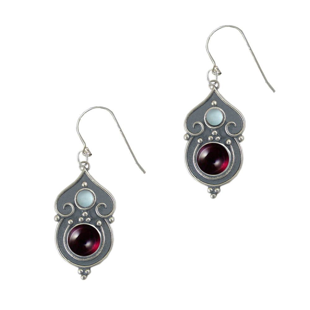 Sterling Silver Gothic Inspired Drop Dangle Earrings With Garnet And Blue Topaz